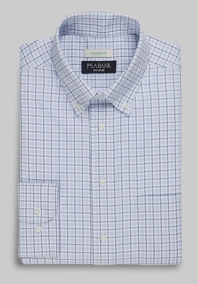 Men's Traveler Collection Tailored Fit Button-Down Collar Plaid Dress Shirt at Jos. A. Bank, Blue/Navy