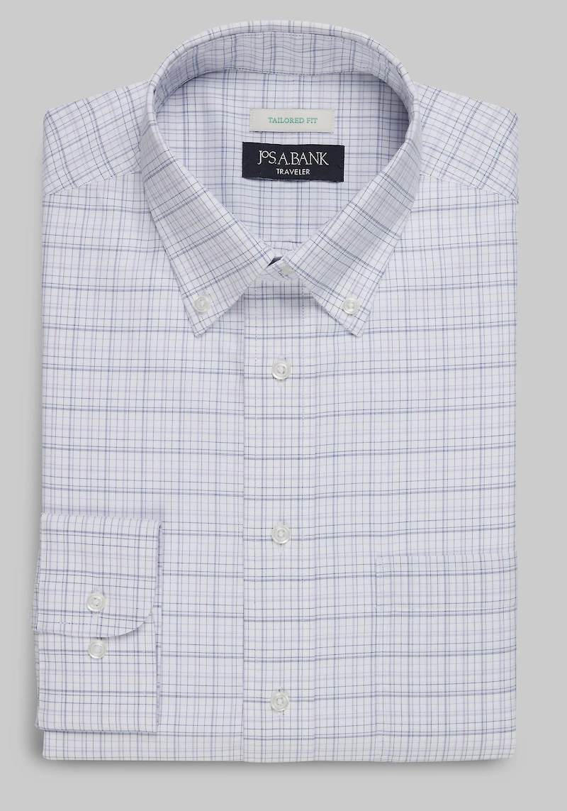 Men's Traveler Collection Tailored Fit Button-Down Collar Plaid Dress Shirt at Jos. A. Bank, Purple