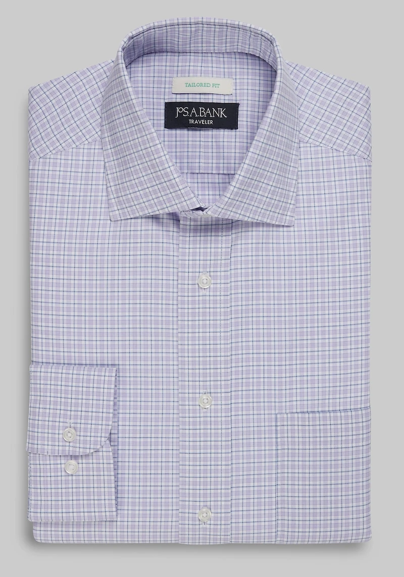 Men's Traveler Collection Tailored Fit Spread Collar Plaid Dress Shirt at Jos. A. Bank, Purple