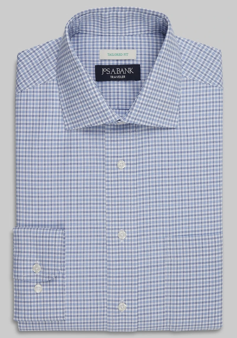 Men's Traveler Collection Tailored Fit Spread Collar Plaid Dress Shirt at Jos. A. Bank, Blue/Navy