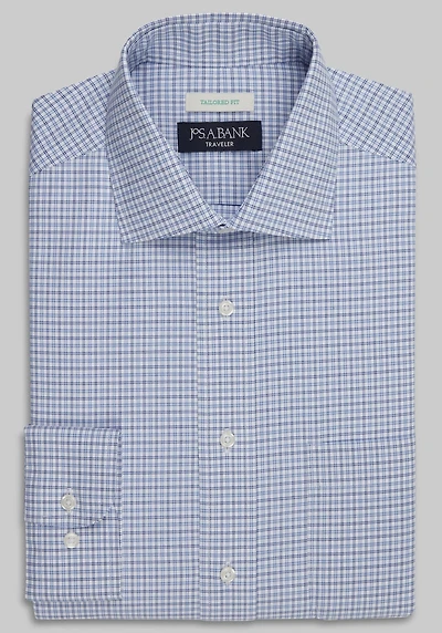 Men's Traveler Collection Tailored Fit Spread Collar Plaid Dress Shirt at Jos. A. Bank, Blue/Navy