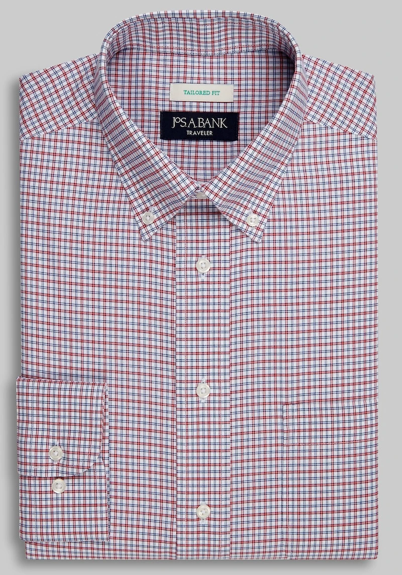 Men's Traveler Collection Tailored Fit Button-Down Collar Plaid Dress Shirt at Jos. A. Bank, Red