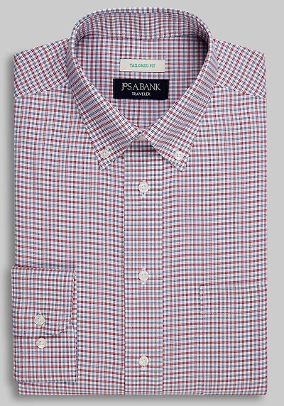 Men's Traveler Collection Tailored Fit Button-Down Collar Plaid Dress Shirt at Jos. A. Bank, Red