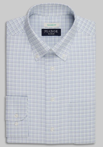 Men's Traveler Collection Tailored Fit Button-Down Collar Plaid Dress Shirt at Jos. A. Bank, Green