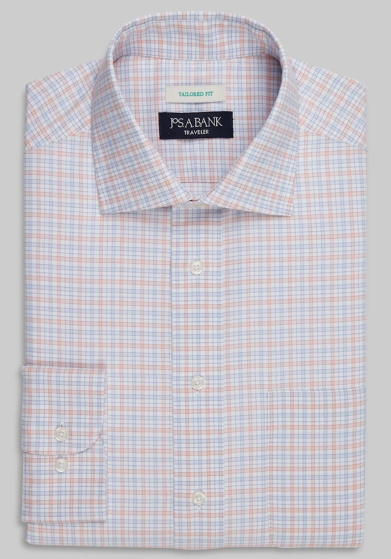 Men's Traveler Collection Tailored Fit Spread Collar Plaid Dress Shirt at Jos. A. Bank, Orange
