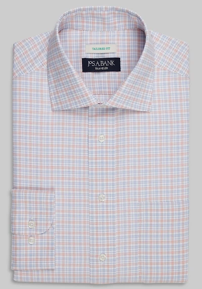 Men's Traveler Collection Tailored Fit Spread Collar Plaid Dress Shirt at Jos. A. Bank, Orange