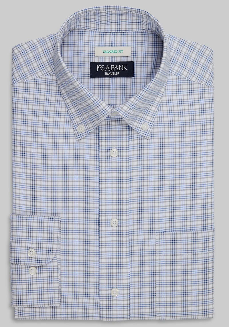 Men's Traveler Collection Tailored Fit Button-Down Collar Plaid Dress Shirt at Jos. A. Bank, Grey