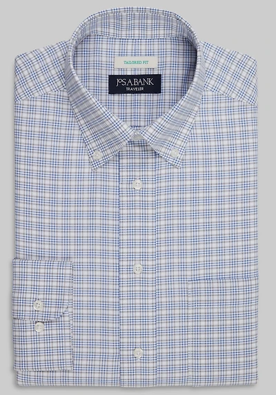 Men's Traveler Collection Tailored Fit Button-Down Collar Plaid Dress Shirt at Jos. A. Bank, Grey