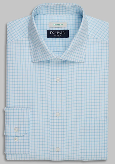 Men's Traveler Collection Tailored Fit Spread Collar Grid Dress Shirt at Jos. A. Bank, Aqua/Multi