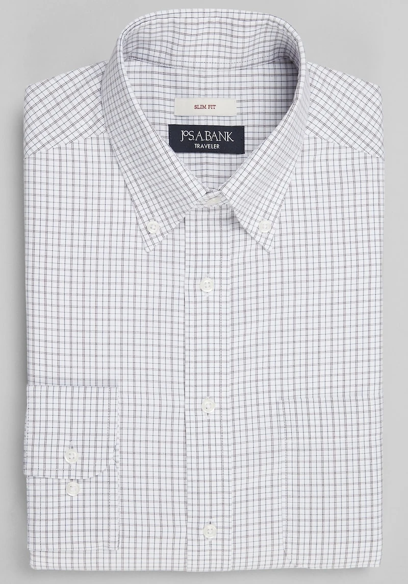 Men's Traveler Collection Slim Fit Check Dress Shirt at Jos. A. Bank, Burgundy