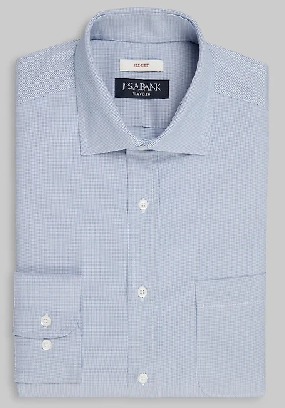 Men's Traveler Collection Slim Fit Spread Collar Micro Grid Dress Shirt at Jos. A. Bank, Blue/Grey