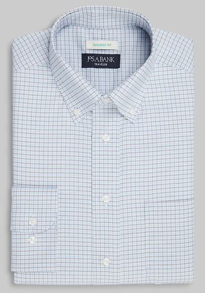 Men's Traveler Collection Tailored Fit Button-Down Collar Grid Dress Shirt at Jos. A. Bank, Blue