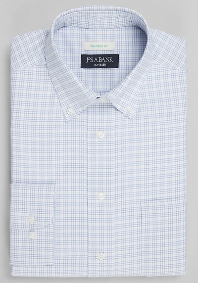Men's Traveler Collection Tailored Fit Button-Down Collar Check Dress Shirt at Jos. A. Bank, Blue