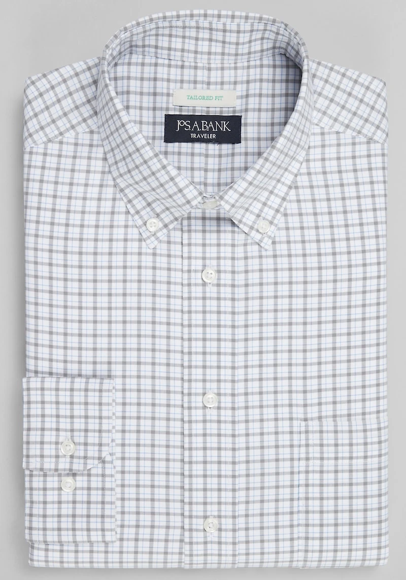 Men's Traveler Collection Tailored Fit Button-Down Collar Check Dress Shirt at Jos. A. Bank, Grey