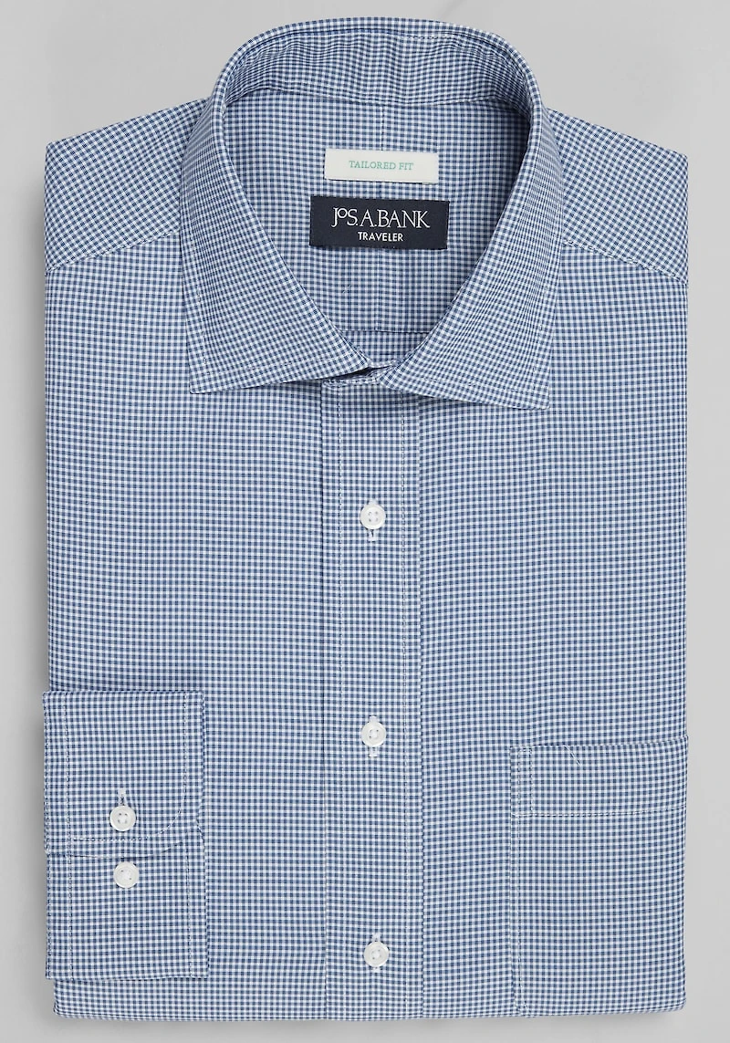 Men's Traveler Collection Tailored Fit Spread Collar Micro Check Dress Shirt at Jos. A. Bank, Blue/Navy