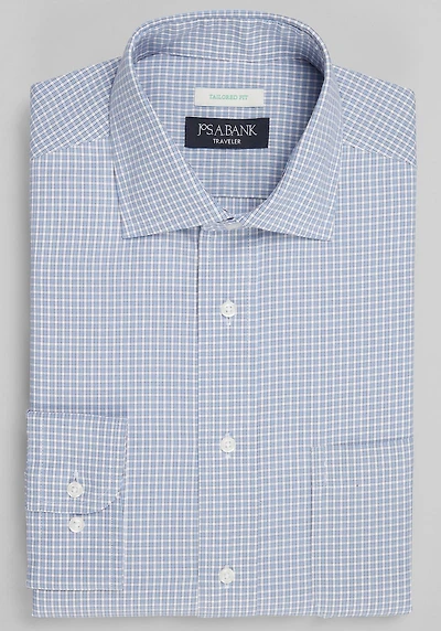 Men's Traveler Collection Tailored Fit Spread Collar Small Check Dress Shirt at Jos. A. Bank, Blue