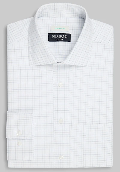 Men's Traveler Collection Tailored Fit Spread Collar Tattersall Dress Shirt at Jos. A. Bank, Cream/White