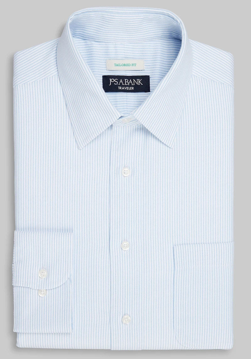Men's Traveler Collection Tailored Fit Point Collar Stripe Dress Shirt at Jos. A. Bank, Light Blue