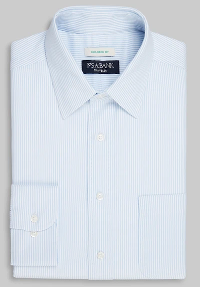 Men's Traveler Collection Tailored Fit Point Collar Stripe Dress Shirt at Jos. A. Bank, Light Blue