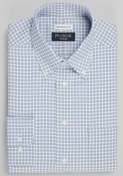 Men's Big & Tall Traveler® Collection Traditional Fit Button-Down Collar Check Dress Shirt at Jos. A. Bank, Blue