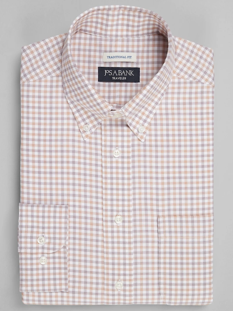 Men's Traveler® Collection Traditional Fit Button-Down Collar Gingham Dress Shirt at Jos. A. Bank, Orange