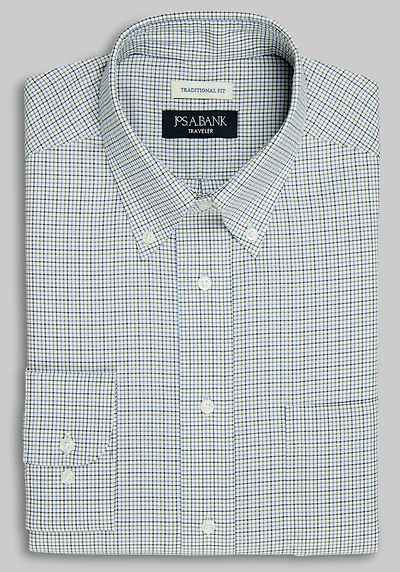 Men's Traveler Collection Traditional Fit Button-Down Collar Check Dress Shirt at Jos. A. Bank, Green