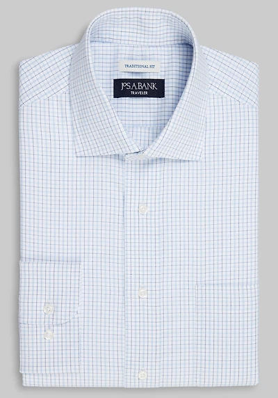Men's Traveler Collection Traditional Fit Spread Collar Check Dress Shirt at Jos. A. Bank, Blue