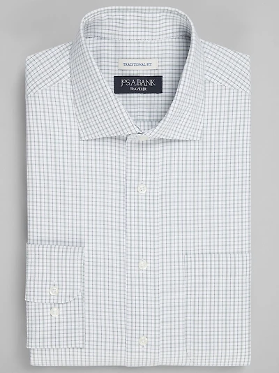 Men's Traveler® Collection Traditional Fit Spread Collar Check Dress Shirt at Jos. A. Bank, Green