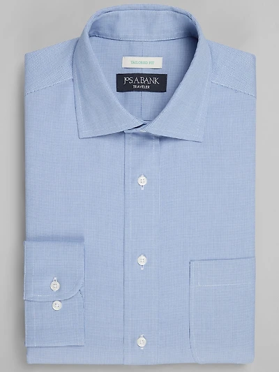 Men's Traveler® Collection Tailored Fit Spread Collar Tattersall Dress Shirt at Jos. A. Bank, Blue