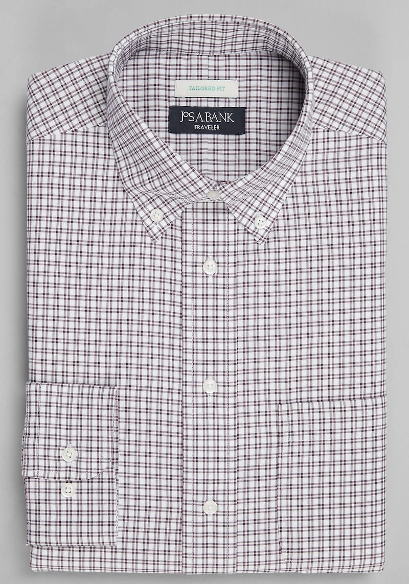 Men's Traveler® Collection Tailored Fit Button-Down Collar Double Check Dress Shirt at Jos. A. Bank, Burgundy