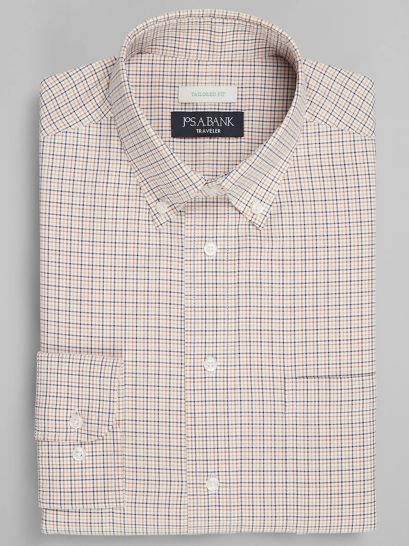 Men's Traveler® Collection Tailored Fit Button-Down Collar Check Dress Shirt at Jos. A. Bank, Orange