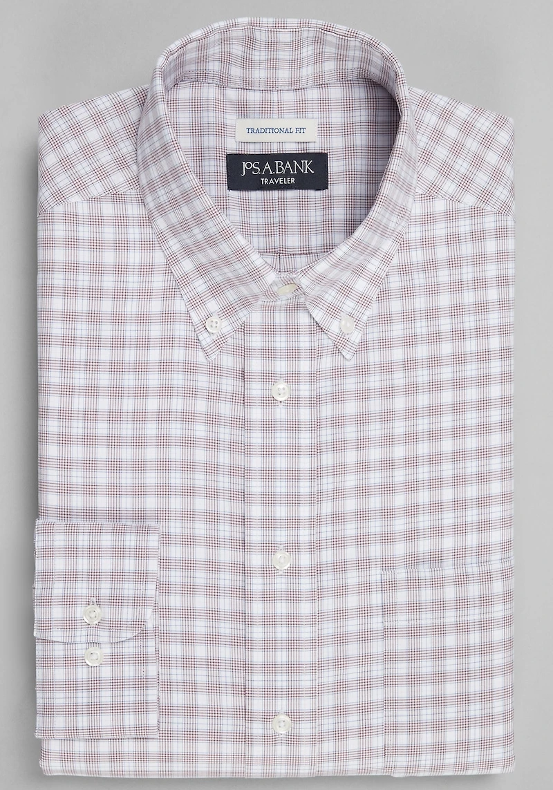 Men's Traveler® Collection Traditional Fit Button-Down Collar Check Dress Shirt at Jos. A. Bank, Burgundy