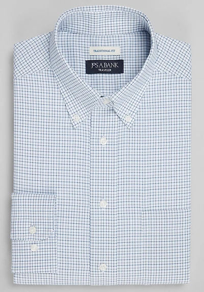 Men's Big & Tall Traveler® Collection Traditional Fit Button-Down Collar Check Dress Shirt at Jos. A. Bank, Blue