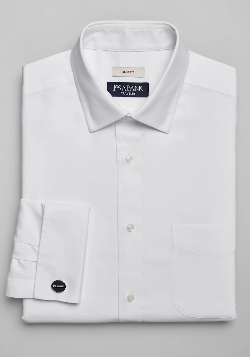 Men's Traveler Collection Slim Fit Spread Collar French Cuff Solid Dress Shirt at Jos. A. Bank, Cream/White