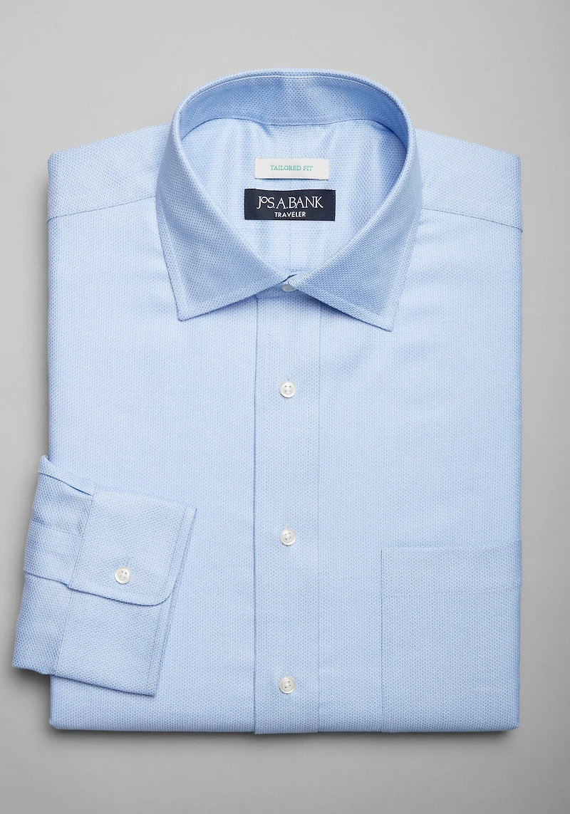 Men's Traveler Collection Tailored Fit Spread Collar Honeycomb Texture Dress Shirt at Jos. A. Bank, Blue,