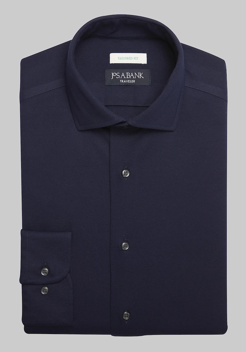 Men's Traveler COOLMOTION Tailored Fit Spread Collar Knit Solid Dress Shirt at Jos. A. Bank, Blue/Navy