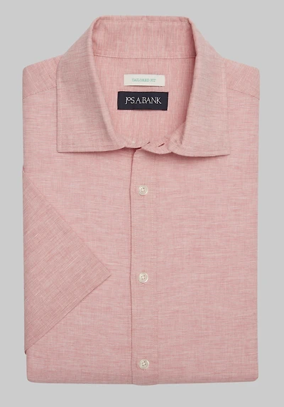 Men's Jos. A. Bank Tailored Fit Linen Blend Short-Sleeve Casual Shirt at Jos. A. Bank, Coral Pink/Multi