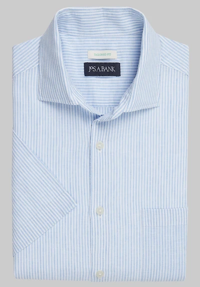 Men's Jos. A. Bank Tailored Fit Stripe Linen Blend Short-Sleeve Casual Shirt at Jos. A. Bank, Blue Stripe
