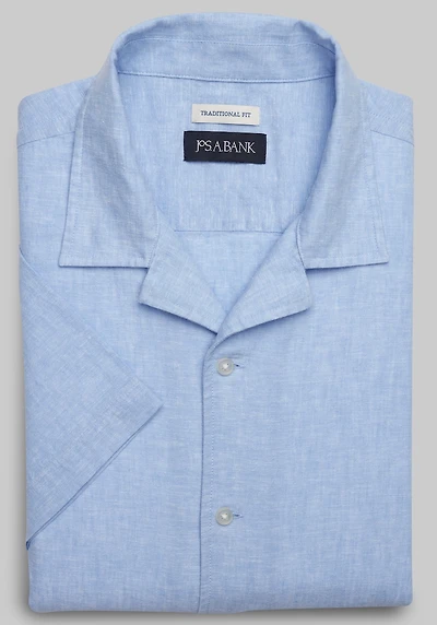 Men's Jos A Bank Traditional Fit Linen-Blend Camp Short-Sleeve Casual Shirt at Jos. A. Bank, Light Blue