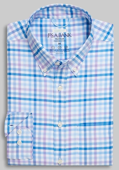 Men's Traveler Performance Tailored Fit Check Button-Down Collar Casual Shirt at Jos. A. Bank, Blue/Purple