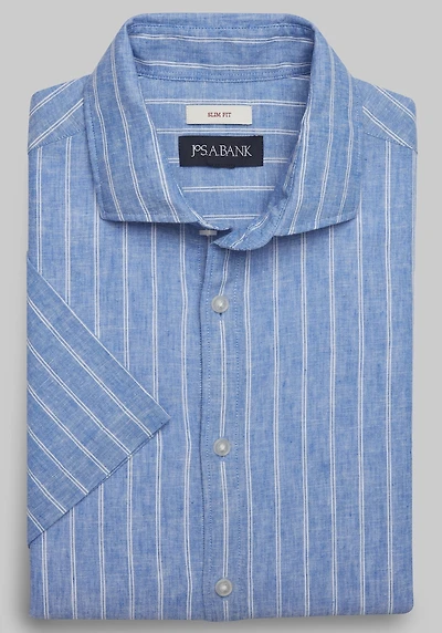 Men's Jos. A. Bank Slim Fit Linen-Blend Short-Sleeve Casual Shirt at Jos. A. Bank, Blue Stripe