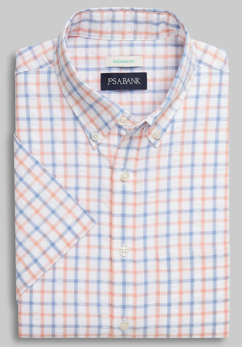 Men's Jos. A. Bank Comfort Stretch Tailored Fit Tattersall Short Sleeve Casual Shirt at Jos. A. Bank, Orange