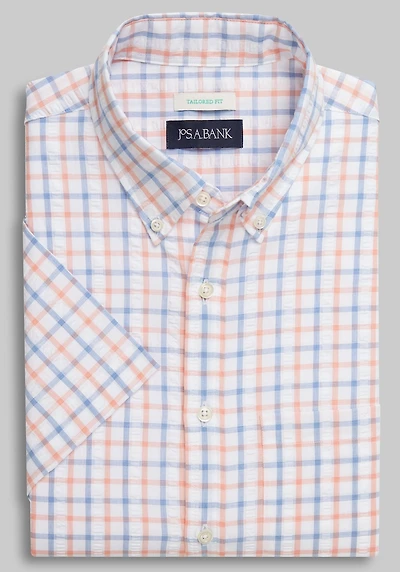 Men's Jos. A. Bank Comfort Stretch Tailored Fit Tattersall Short Sleeve Casual Shirt at Jos. A. Bank, Orange