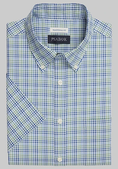 Men's Jos. A. Bank Traditional Fit Comfort Stretch Check Short Sleeve Casual Shirt at Jos. A. Bank, Green