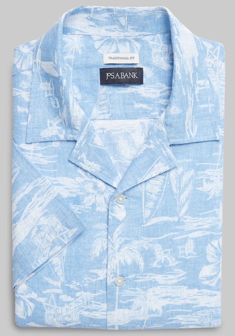 Men's Jos. A. Bank Traditional Fit Tropical Camp Short-Sleeve Casual Shirt at Jos. A. Bank, Light Blue