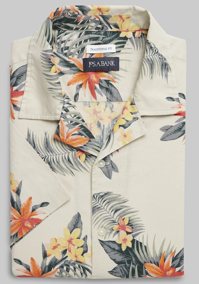 Men's Jos. A. Bank Traditional Fit Tropical Camp Short-Sleeve Casual Shirt at Jos. A. Bank, Tan