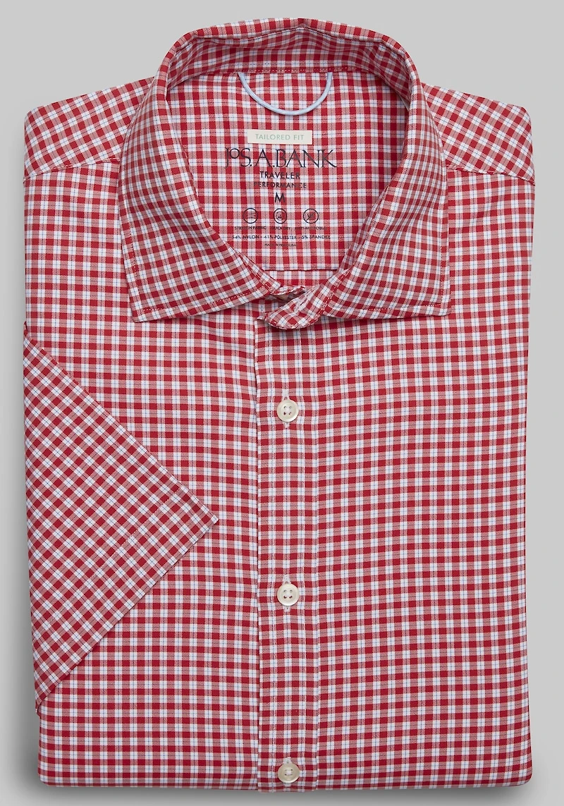 Men's Traveler Performance Tailored Fit Gingham Short-Sleeve Casual Shirt at Jos. A. Bank, Red