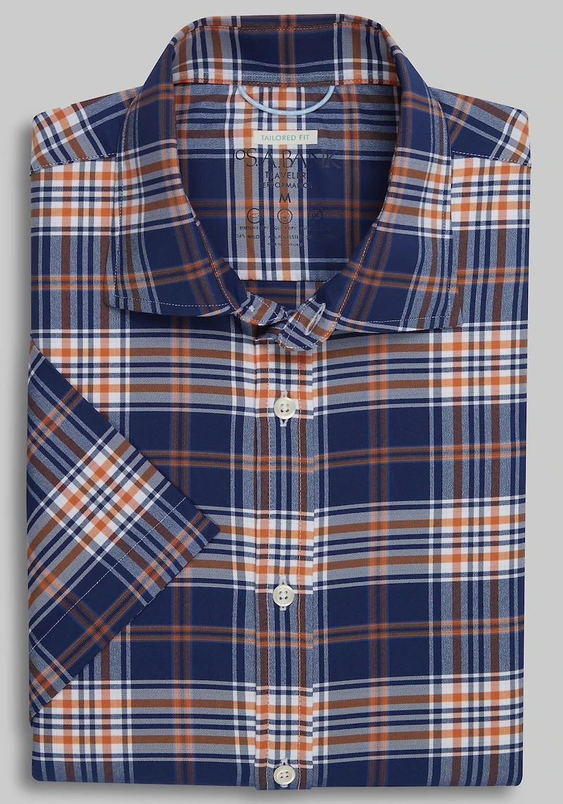 Men's Traveler Performance Tailored Fit Plaid Short-Sleeve Casual Shirt at Jos. A. Bank, Blue/Navy