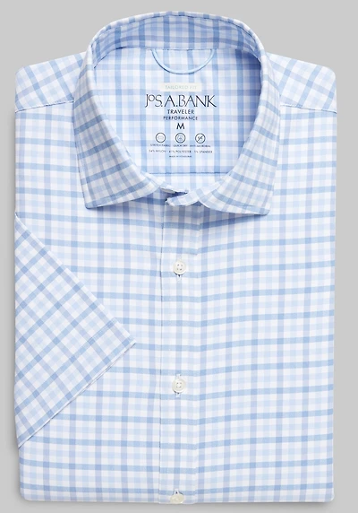 Men's Traveler Performance Tailored Fit Plaid Short-Sleeve Casual Shirt at Jos. A. Bank, Light Blue