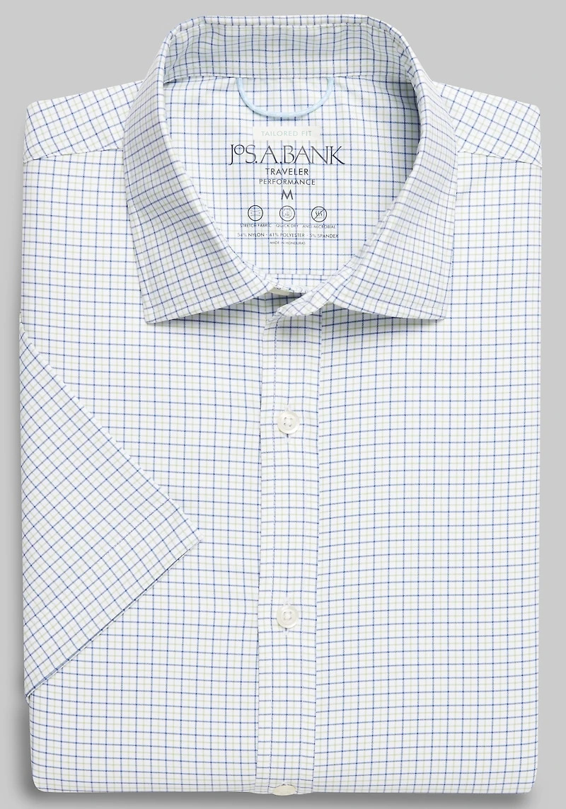 Men's Traveler Performance Tailored Fit Check Short-Sleeve Casual Shirt at Jos. A. Bank, Green